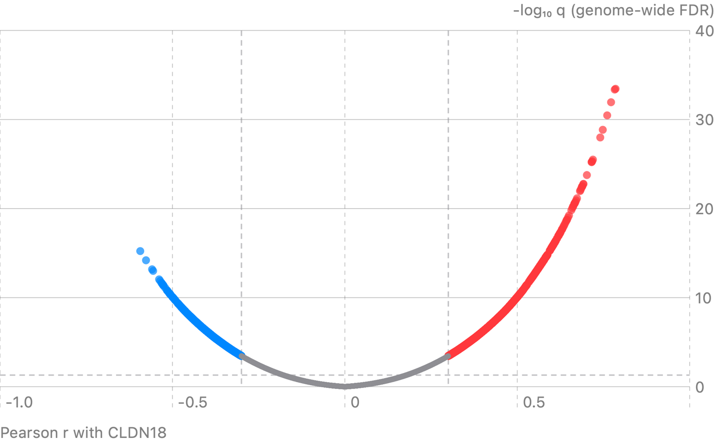 GeneFox volcano plot of Pearson correlation with CLDN18 against genome-wide FDR in TCGA-PAAD. Positive correlates reach r of about 0.78; negative correlates reach about -0.6.